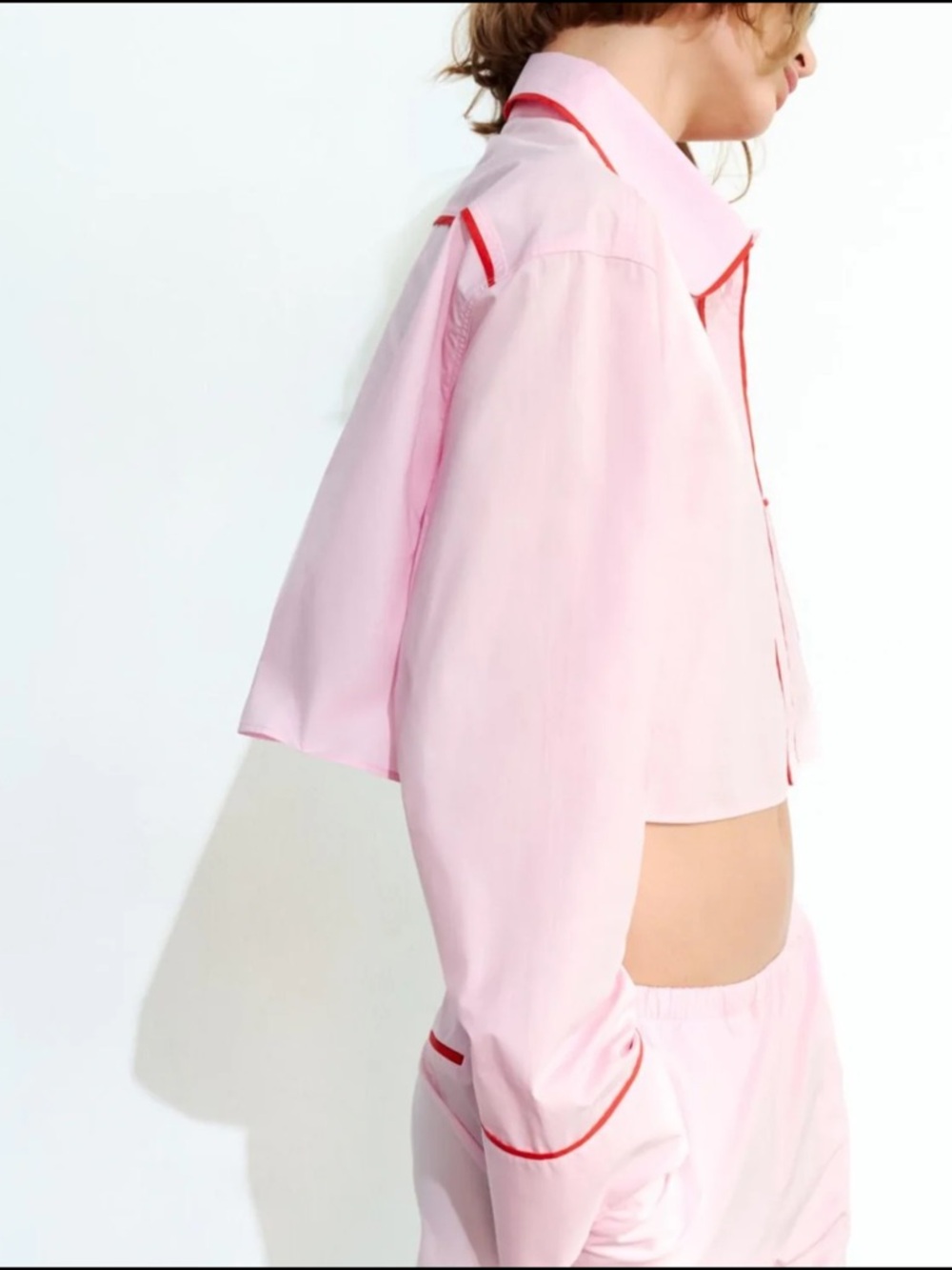Zara Cropped Pink Button-Up Top with Red Piping Size XS NWT - Picture 2 of 11